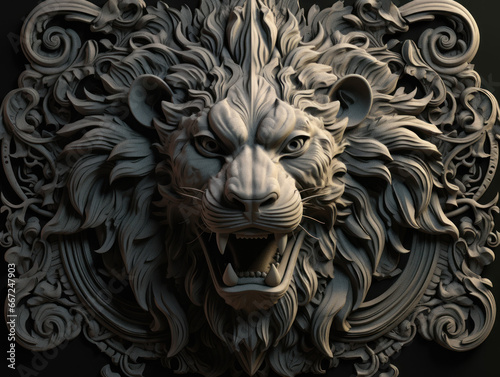 Close up portrait of a lion with oriental ornament woodcarving elements background