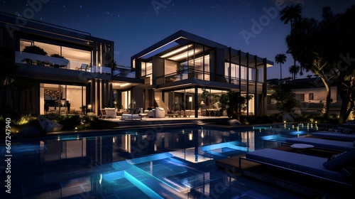 Luxury modern house with swimming pool at night. Panorama.