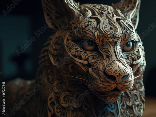 Close up portrait of a lynx with oriental ornament woodcarving elements background