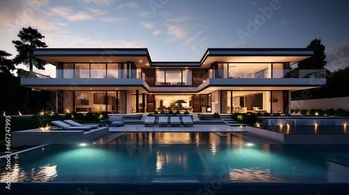 Luxury modern house with swimming pool at night. Luxury house with pool for sale or rent in luxurious style. © Iman