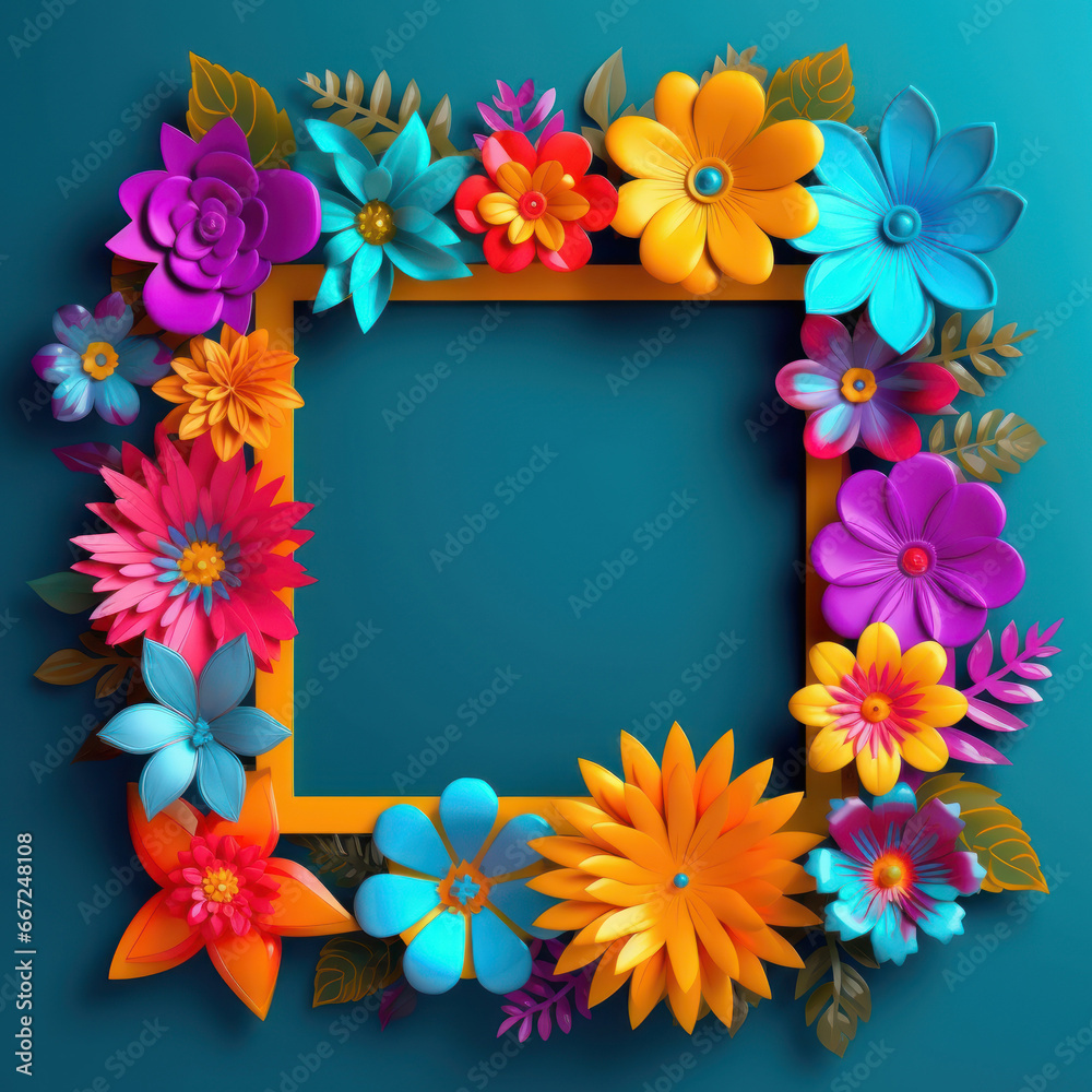Flowers and leaves surround empty copy space. Blue blank rectangular bord with surrounding flowers. Mockup. Background for publications and presentations
