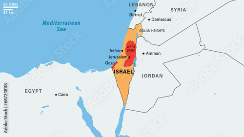 Map middle east region with Israel border. The borders of Israel after the Six-Day War of 1967. Vector illustration photo