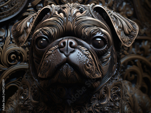 Close up portrait of a pug with oriental ornament woodcarving elements background