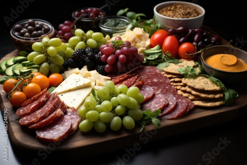 Christmas graze board with blue cheese, rosemary, nuts, grape, cranberry. Assorted cheese and meat appetizers. Charcuterie board of selection of meats, and appetizers on black background.