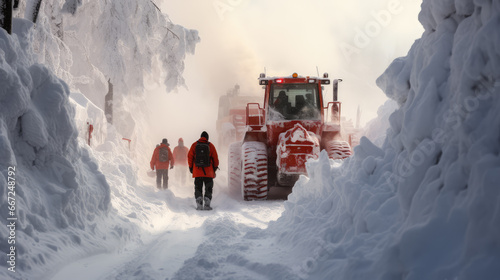 snowplow  to clear snow on the road during a snowstorm photo