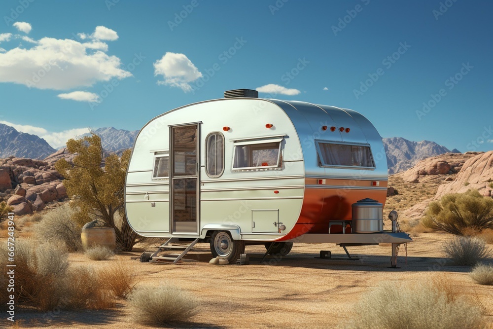 A 3D depiction of a pristine caravan trailer. Generative AI