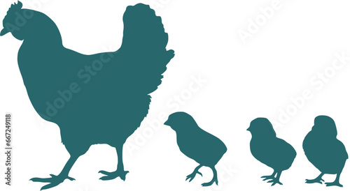 Hen and chicks family walk. Vector image. The little one takes his first steps into the big world. © svistoplas