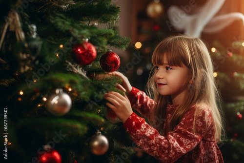 Child decorating Christmas tree at home.