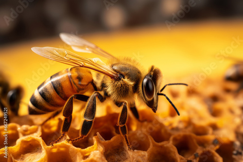 Honey bee with details of the honeycomb structure. Generative AI © barmaleeva