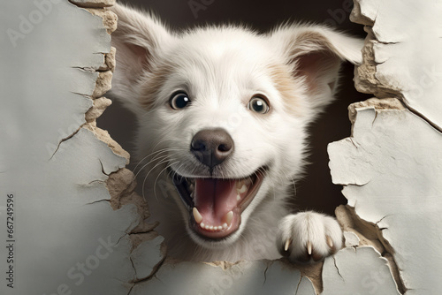 White puppy looking from cracked white wall. Generative AI © barmaleeva