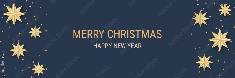 Christmas and New Year luxury vector illustration. Black background with golden stars and snowflakes