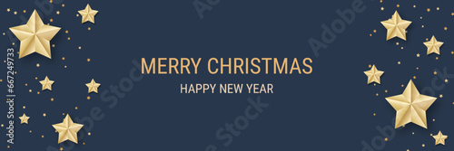 Christmas and New Year luxury vector illustration. Black background with golden stars and snowflakes