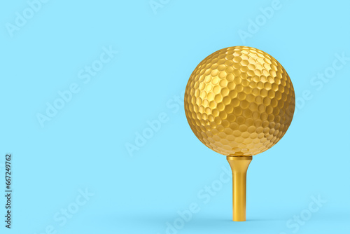 Gold golf ball isolated on blue background