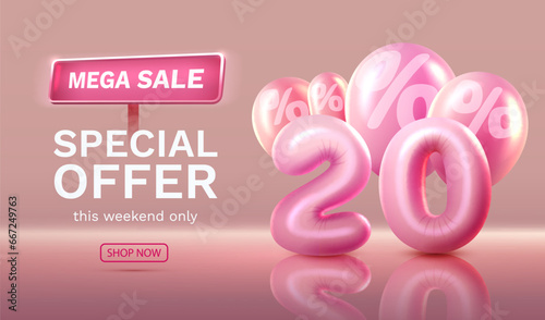 Mega sale, special offer, 20 off sale banner. Sign board promotion. Vector illustration