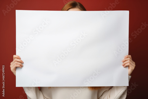 Woman holds a white paper poster. Woman hidden behind a big placard. Generative AI