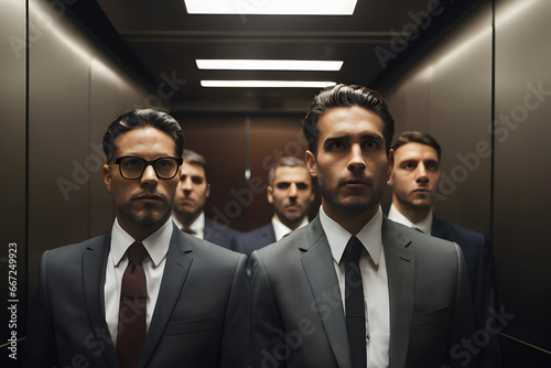 Businessman wearing suits inside an elevator, office elevator, man wearing suits, man wearing ties in an elevator photo