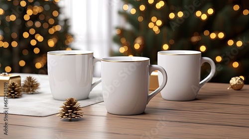 two blank white enamel mugs, elegantly adorned with Christmas decor and pineal motifs. photo