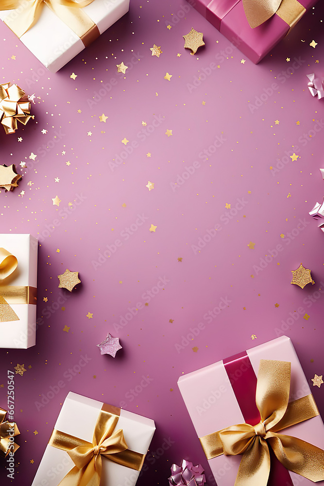 golden and pink chrisrmas gift boxes with golden stars and glitter on a pink ground with space for text golden and pink chrisrmas gift boxes with golden stars and glitter on a pink ground with space for text