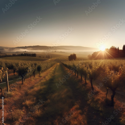 View of the hills with a vineyard at sunrise. Generative artificial intelligence