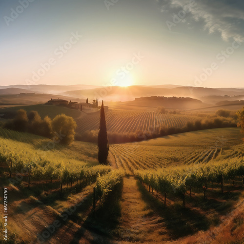 Sunset in the countryside. View of the hills with a vineyard at sunrise. Generative artificial intelligence © michalsen