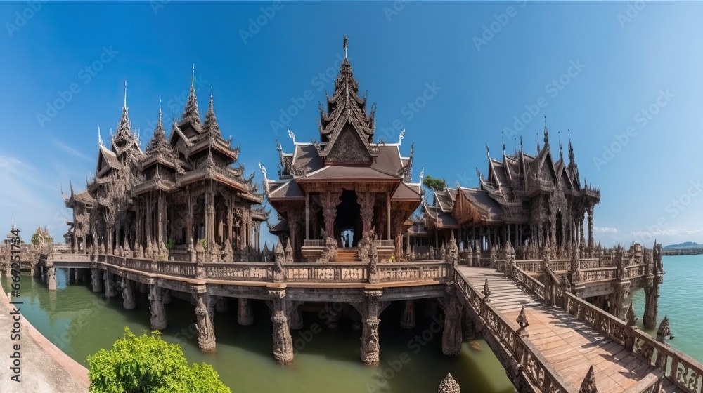  Panorama of Sanctuary of Truth in Pattaya, Thailand in a summer day