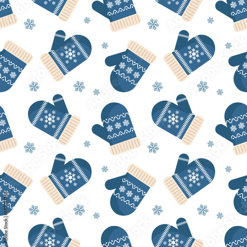 Seamless Christmas pattern, winter knitted mittens with an ornament in the form of snowflakes. Winter clothes and accessories. Background, vector