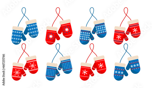 Winter mittens with snowflake ornament, set. Winter clothes and accessories. Icons, vector photo