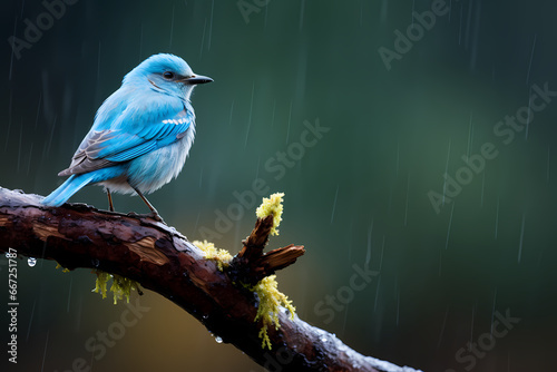 focused shot of Mountain bluebird sitting on a tree branch with rain falling in the background, wild life photography. Generative AI photo