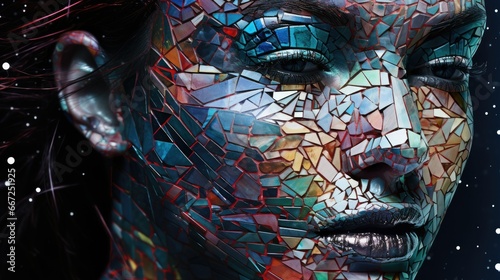 Abstract glitch portrait of a person s face  fragmented and pixelated. Vibrant lines of code and circuitry form the distorted features. Futuristic  cyber and glitchy face