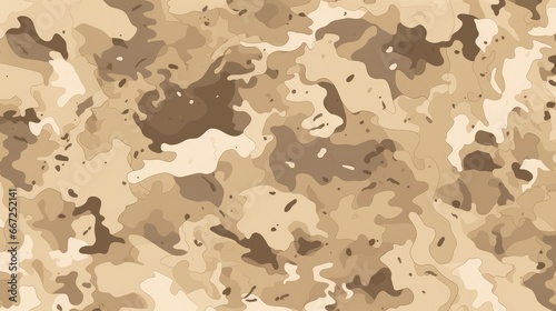 Desert-inspired camouflage pattern with irregular patches, blending sandy tones, light brown, and beige. Mimicking the desert landscape, this seamless fabric design is perfect for military