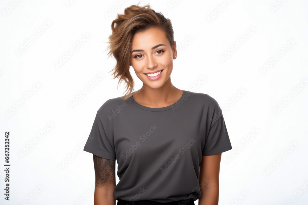 Woman with ponytail smiling at the camera with white background. Woman with ponytail smiling at the camera with white background.