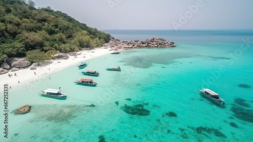  Top view of Beautiful crystal clear water and white beach with long tail boats in summer of Koh Lipe in Satun, Southern Thailand