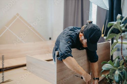 man assembling furniture wooden cabinet at home