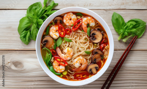 Asian noodle soup with shiitake mushrooms, shrimp and bok choy on light wooden table, Top view