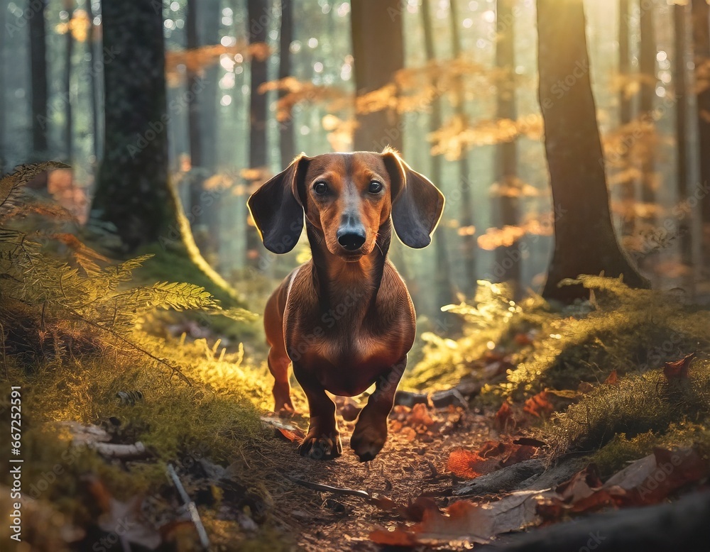 A dachshund roaming in an autumn-colored forest looking sharp and focused