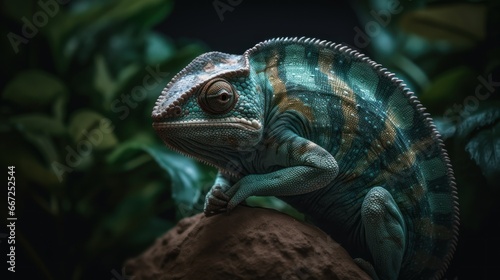 Close up of a chameleon  Chamaeleo calyptratus. Wildlife Concept. Background with Copy Space.