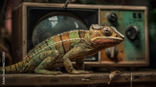 Stuffed Chameleon on a shelf in a shop. Close up. Wildlife Concept. Background with Copy Space. © John Martin