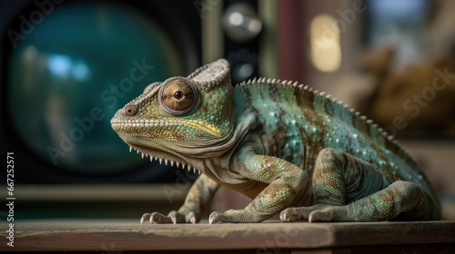 Stuffed Chameleon on a table in a room. Wildlife Concept. Background with Copy Space.