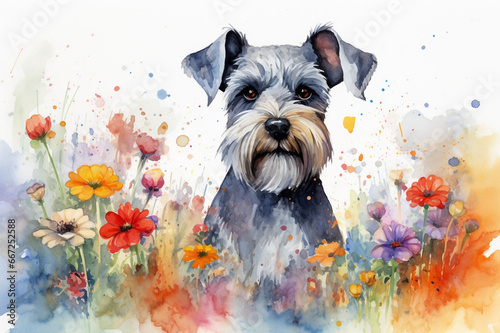 Watercolor painting of a beautiful schnauzer in a colorful flower field. Ideal for art print, greeting card, springtime concepts etc.
