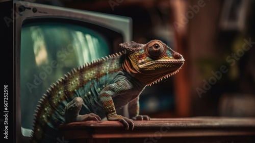 Stuffed Chameleon on the table in front of the TV. Wildlife Concept. Background with Copy Space.