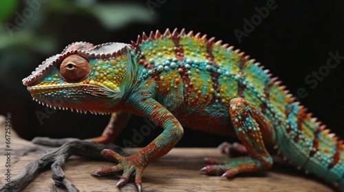 Colorful chameleon on wooden table  close-up. Wildlife Concept. Background with Copy Space.