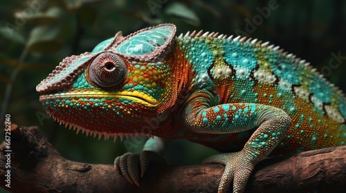 Close up of colorful chameleon on branch, exotic reptile. Wildlife Concept. Background with Copy Space. © John Martin
