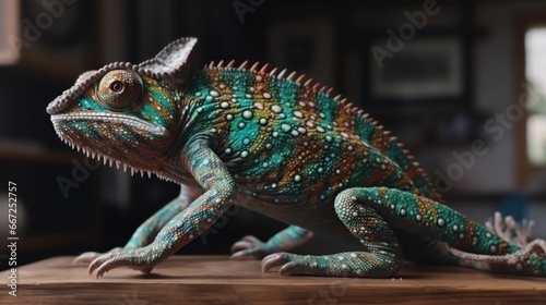 colorful chameleon on a wooden table in a dark room. Wildlife Concept. Background with Copy Space.