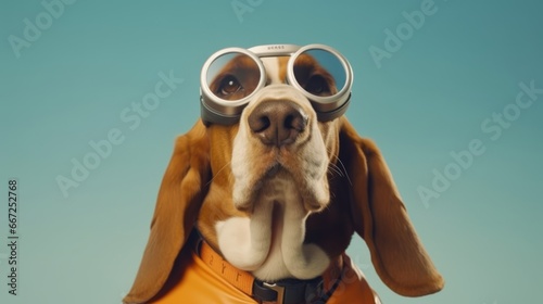 A basset hound dog wearing goggles photo