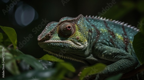 Closeup of a veiled chameleon  Furcifer pardalis. Wildlife Concept. Background with Copy Space.