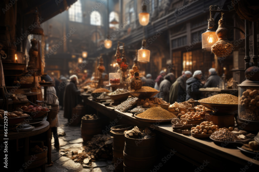 A photograph of a bustling Jewish market, featuring an array of kosher products. Generative Ai.