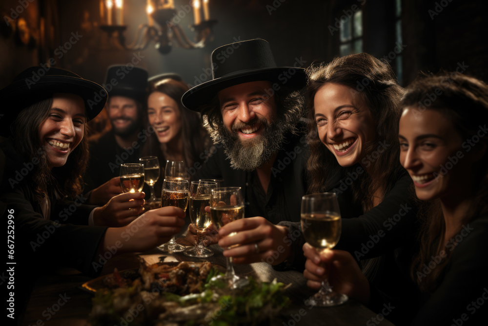 A group of friends raising a glass of kosher wine for a L'Chaim toast, celebrating life and good fortune. Generative Ai.