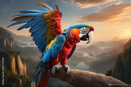Colorful Scarlet Macaw parrot against jungle background