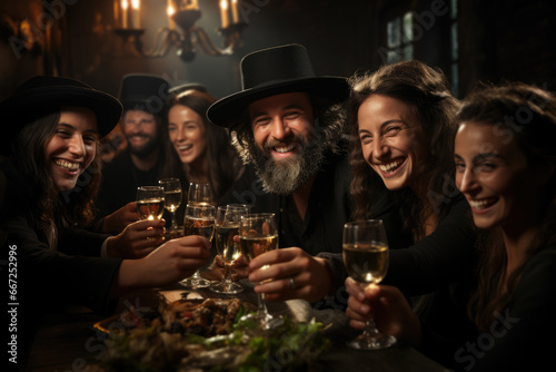 A group of friends raising a glass of kosher wine for a L'Chaim toast, celebrating life and good fortune. Generative Ai.