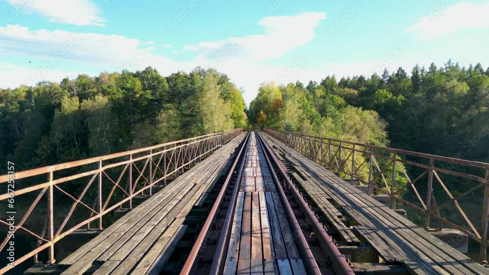 Old steel railway bridge at the dam in Pilchowice, Poland. Aerial footage Old steel railway bridge at the dam in Pilchowice, Poland. Aerial footage